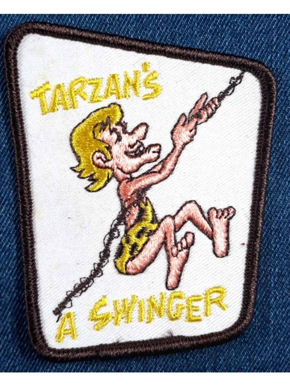NOS Vintage 70s TARZAN'S A SWINGER Funny Humor Motorcycle Biker Patch Sew On